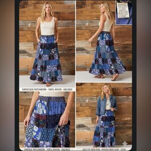 Jack Pot New York Vintage Blue Patchwork Floral Rayon Maxi Skirt OSFM Boho Flowy